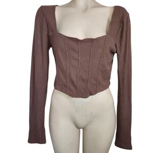 PacCares PacSun Brown Ribbed Long Sleeve Corset Style Crop Top L beach coastal